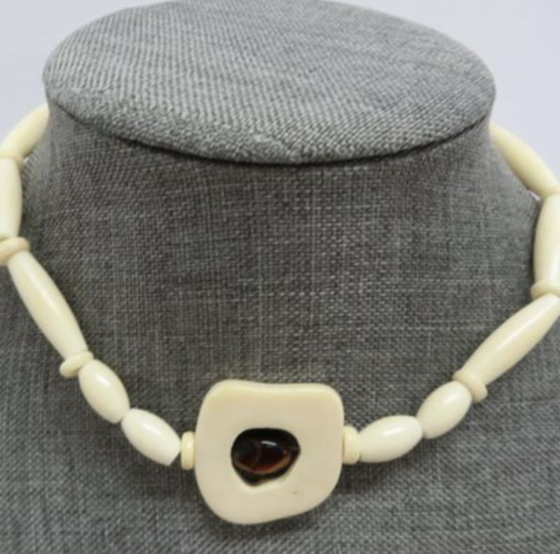 BOHO Carved Bone Bead Necklace with Tiger Eye Bead within Bone Bead Focal