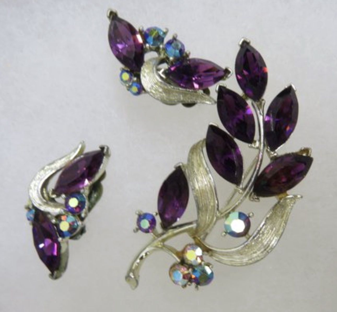 Weiss Brooch and Earrings Purple and Aurora Rhinestone