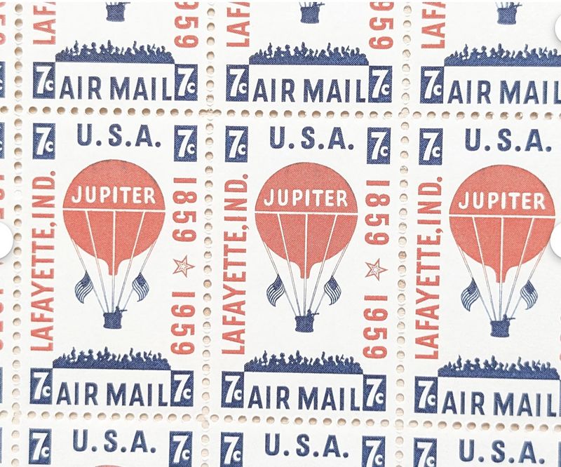 Sheet of 50 Hot Air Balloon, 7 Cent, 1959 Unused Postage Stamps, Jupiter Stamps, Vintage Collectible Stamps