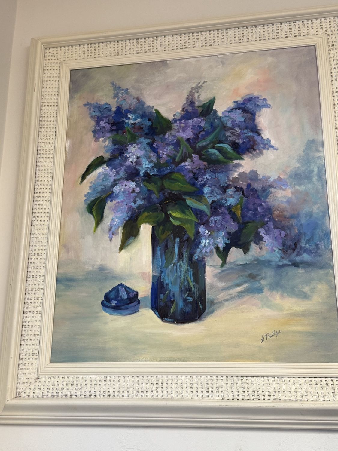 Vintage Signed Lilac Painting-White Rattan Frame
