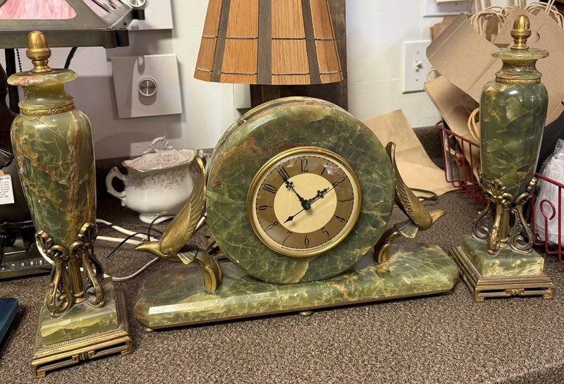 Deco Onyx Clock and Garnitures 3 Piece