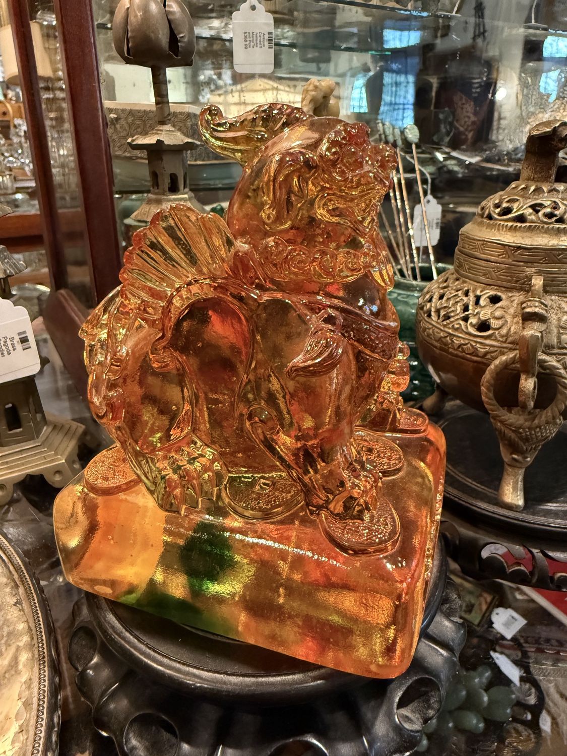 Chinese Fine Liuli Glass Foo Dog-Amber