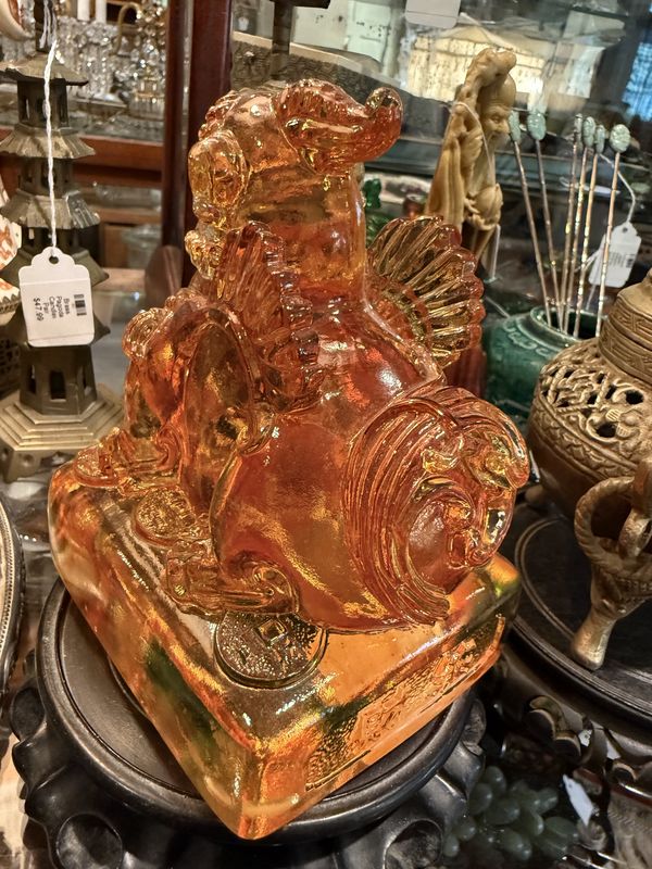 Chinese Fine Liuli Glass Foo Dog-Amber