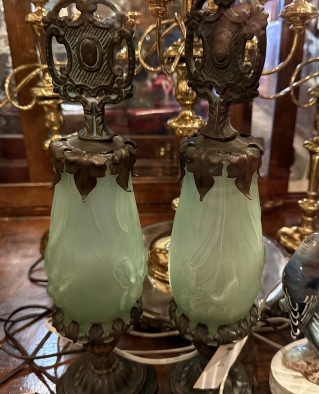 Pair Deco Boudoir Lamps Green Glass Uranium Glass
