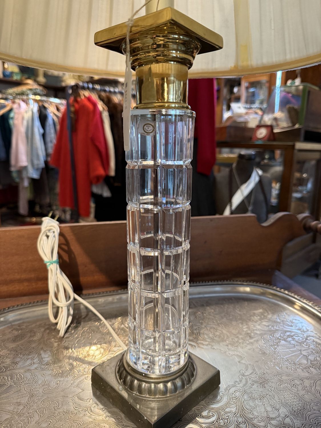 Hungarian Crystal Pillar  Table Lamp Bronze Signed