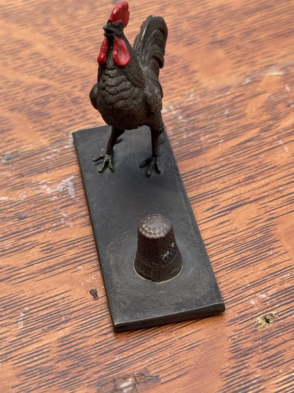 1930s Miniature Bronze RoosterThimble Holder
