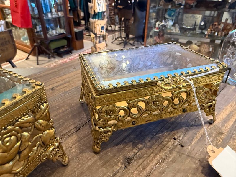 Stamped Rose Brass and Glass Jewelry Box