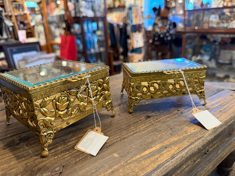Stamped Rose Brass and Glass Jewelry Box
