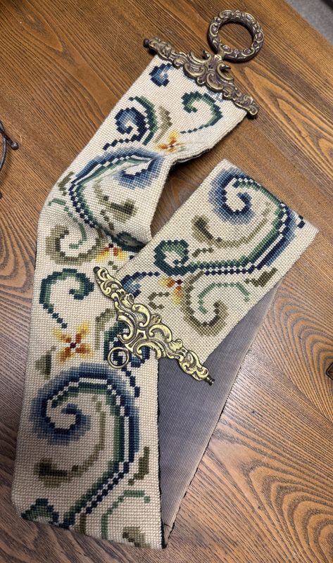 Vintage Swedish Bell Pull Cross Stitch Brass Ends