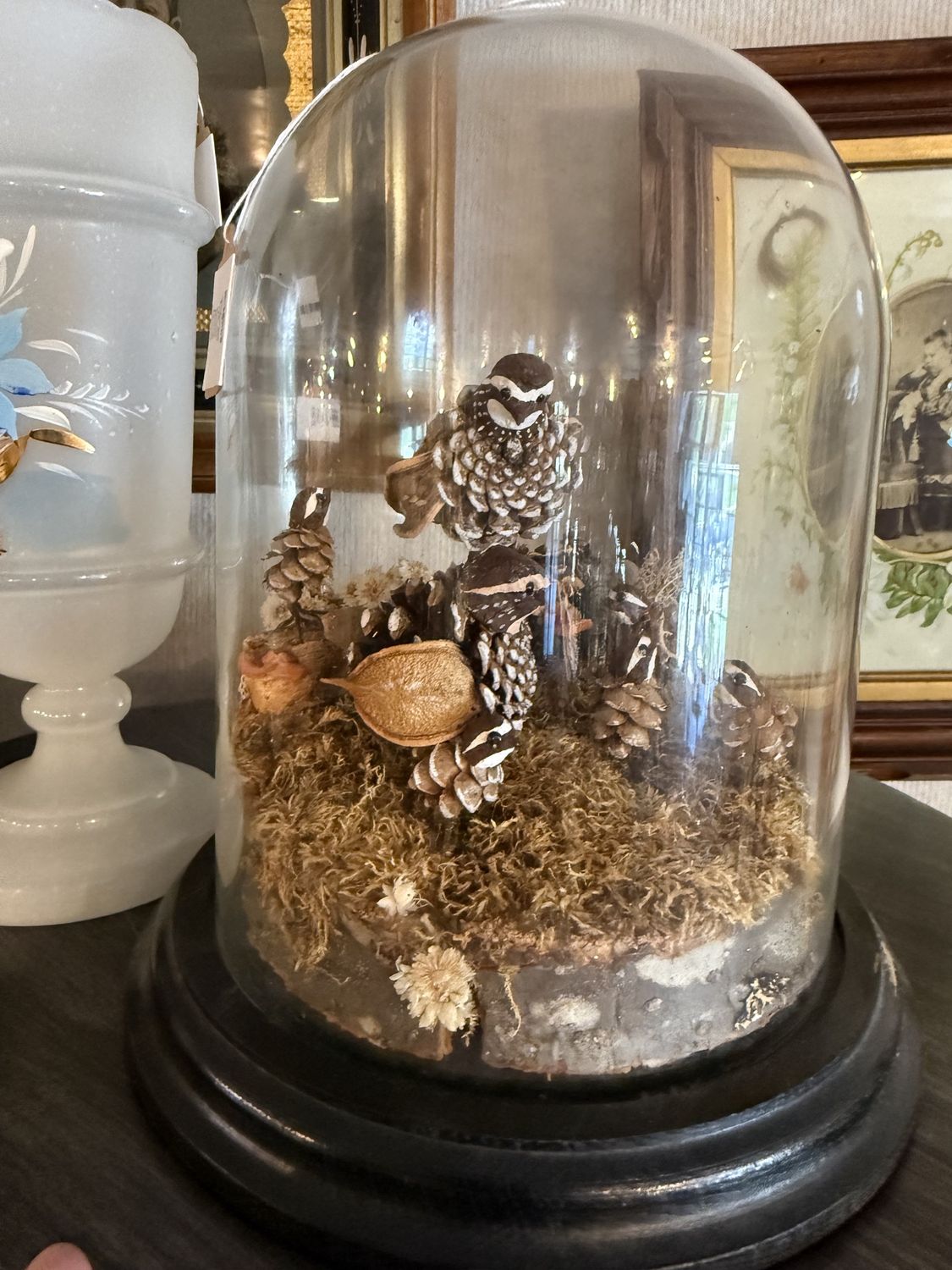 Victorian  Art Under Glass Dome Quails of Pine Cones