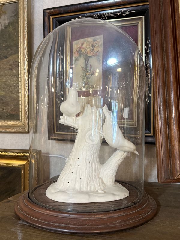 Boehme Bisque Birds in Glass Cloche/Dome Wood Base