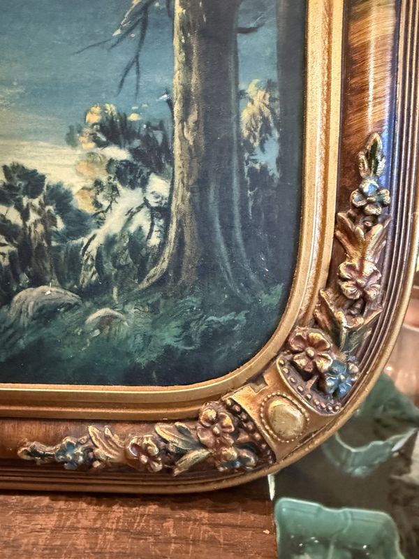 Deco Era Moon Over Lake Scene Floral Framed