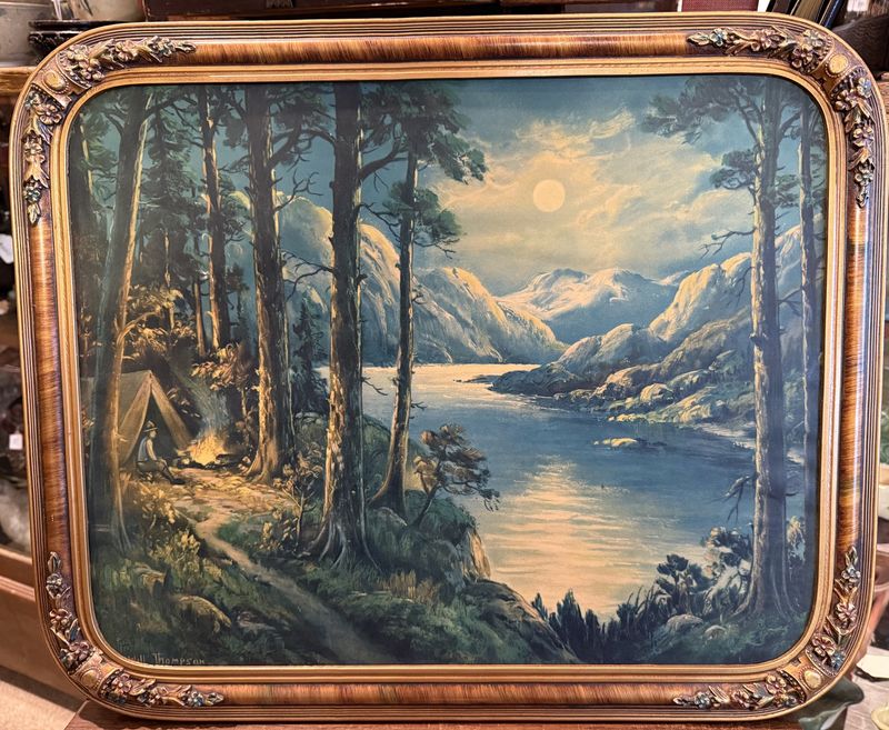 Deco Era Moon Over Lake Scene Floral Framed