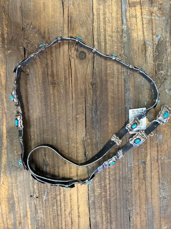 Native American Sterling &amp; Turquoise Vintage  Window Conchos Narrow Belt