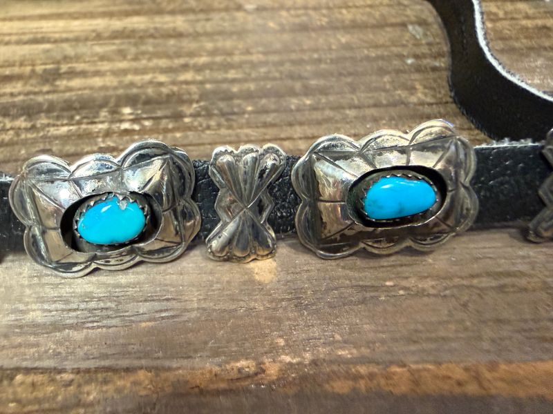 Native American Sterling &amp; Turquoise Vintage  Window Conchos Narrow Belt