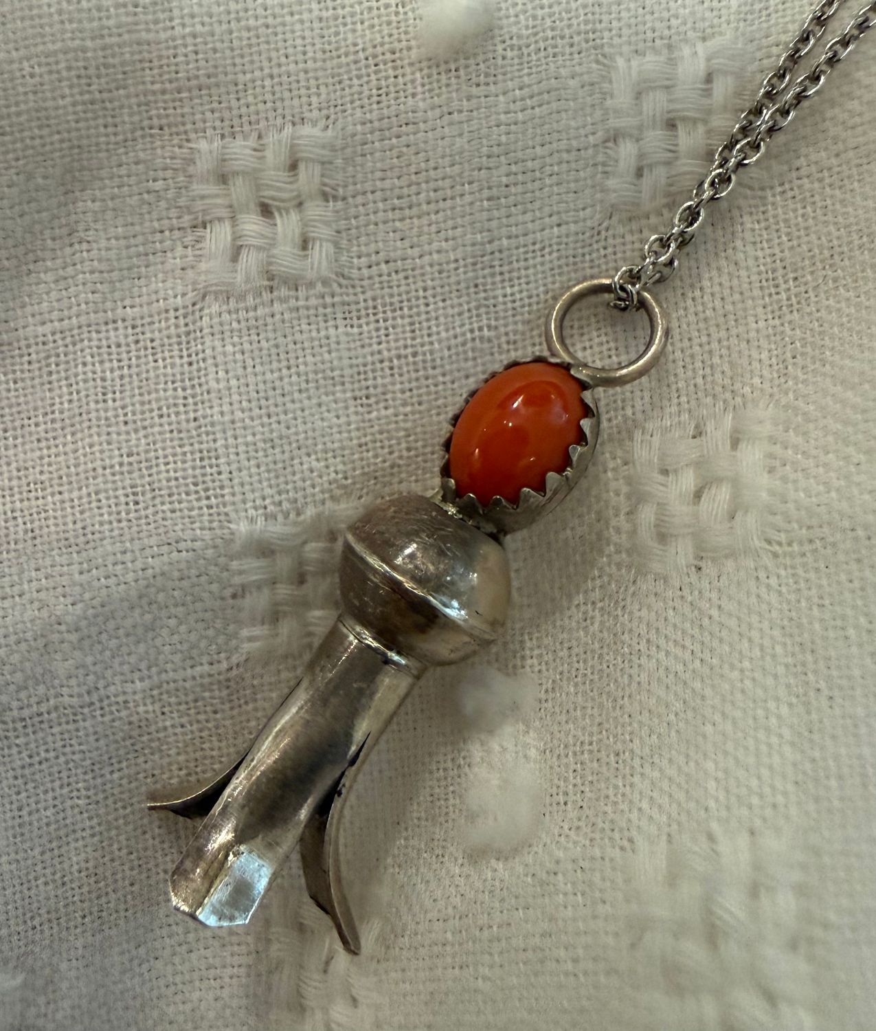 Silver and Coral Squash Blossom Charm on Sterling Edwardian Chain