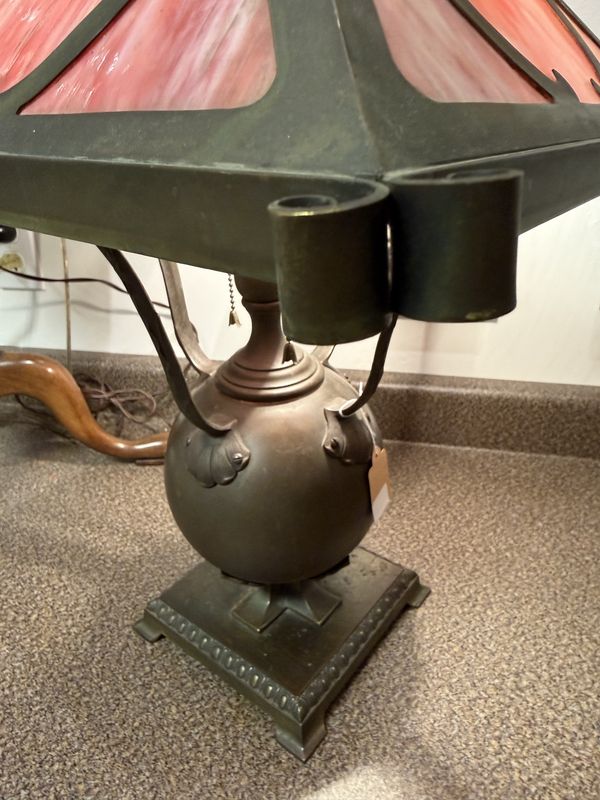 Arts and Crafts Era Pink Slag Glass Bronze Globe Shaped Base Table Lamp