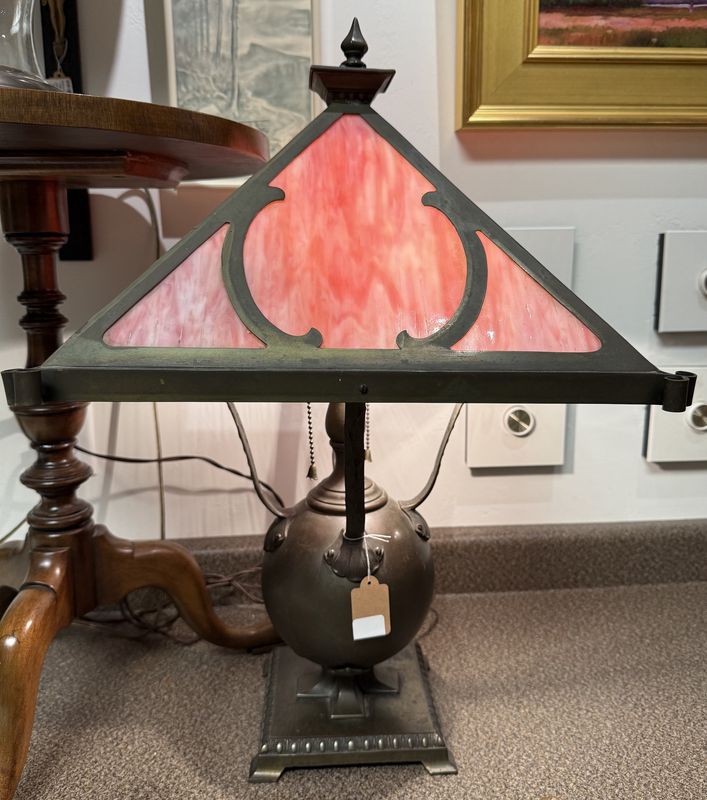 Arts and Crafts Era Pink Slag Glass Bronze Globe Shaped Base Table Lamp