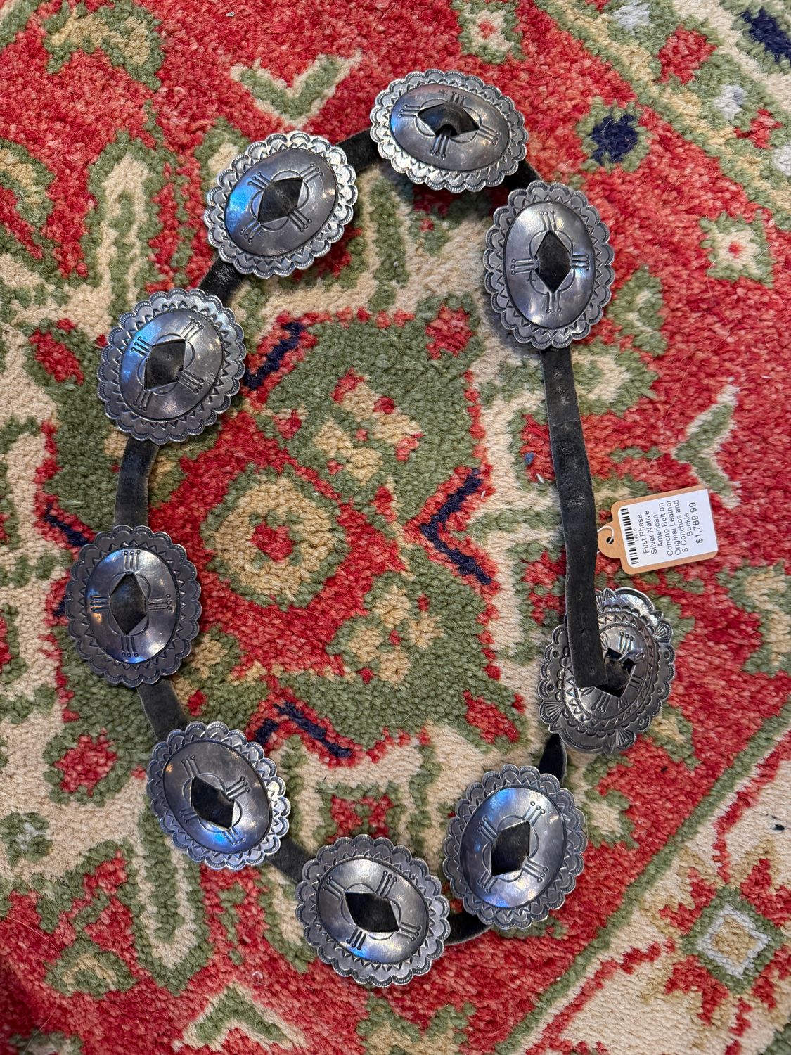 First Phase Silver Native American Concho Belt on Original Leather 8 Conchos and Buckle