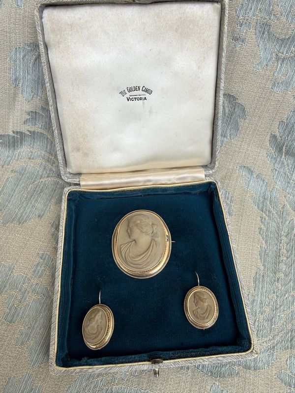 Grand Tour Unmarked 14KT Carved Lava Victorian Cameo Brooch and Earrings