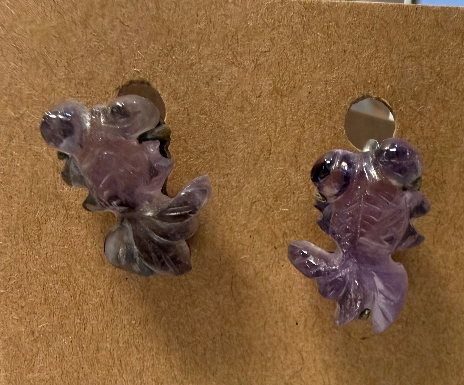 Sterling and Skillfully Carved Amethyst Koi Fish Screw Back Earrings Deco