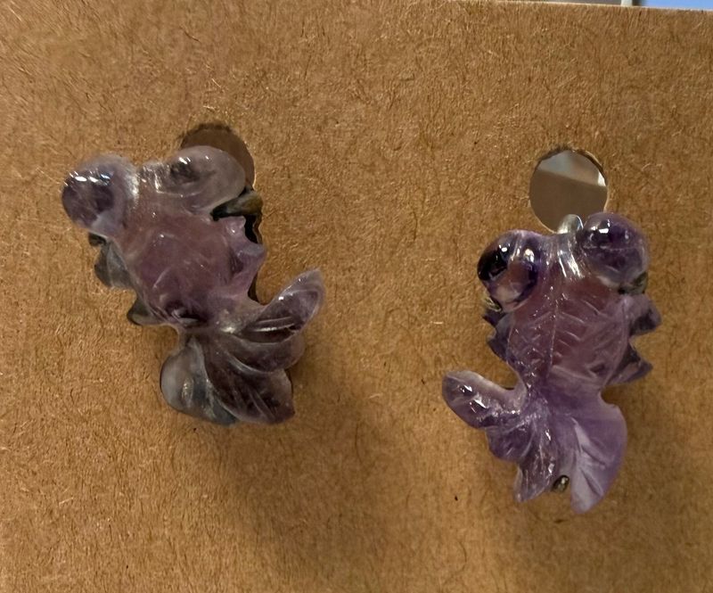 Sterling and Skillfully Carved Amethyst Koi Fish Screw Back Earrings Deco