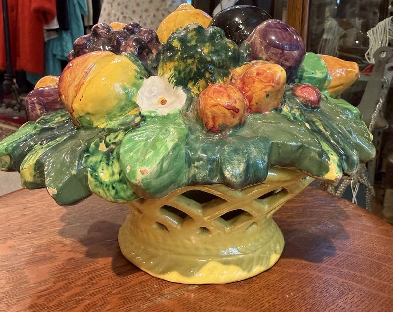 Antique Italian Majolica Fruit and Forget-Me-Not Flowers in Basket, Centerpiece Sculpture Large