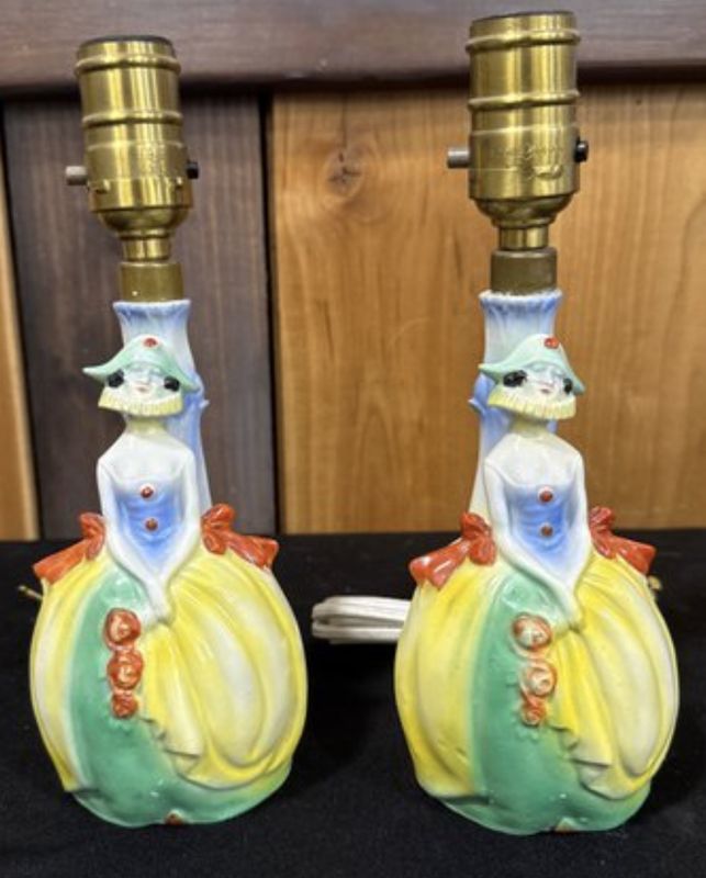 Deco German Pair Bourdoir Lamps Ladies with Harlequin Hats Whimsical