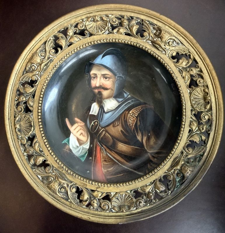Antique Heraldic Hand Painted Porcelain Plate in Bronze Frame