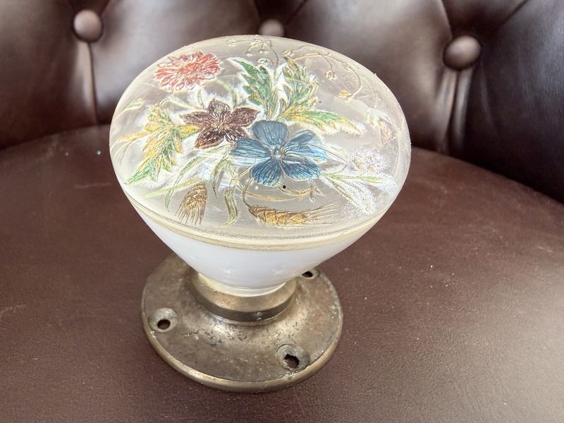 Intaglio Reverse Painted Floral Door Knob Lucite on Brass