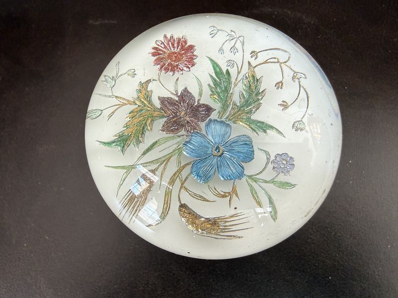 Intaglio Reverse Painted Floral Door Knob Lucite on Brass