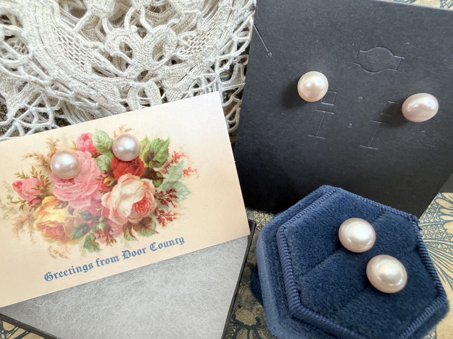 Light Peach Tint Pearl Post Earrings 3/8"