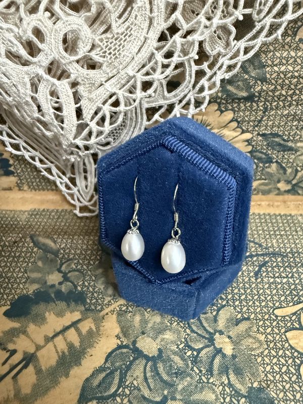 White Pearl Drop Earrings on Silver Wires 3/8"
