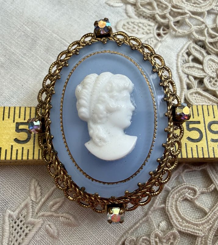Vintage German Glass Rhinestone Cameo Blue