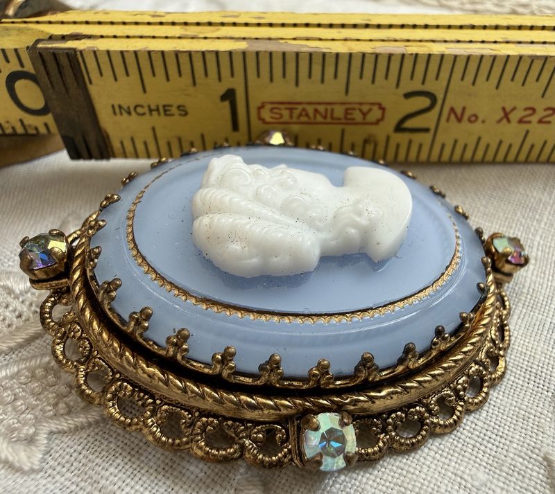 Vintage German Glass Rhinestone Cameo Blue