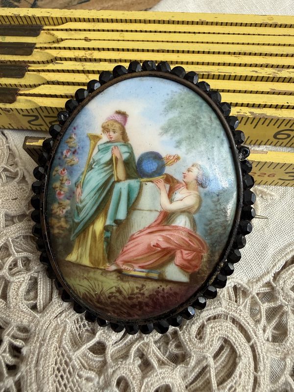 Large Early Victorian Hand Painted Porcelain Classic Scene Faceted Jet Brooch