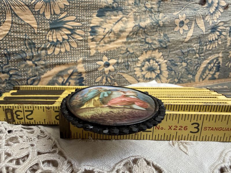 Large Early Victorian Hand Painted Porcelain Classic Scene Faceted Jet Brooch