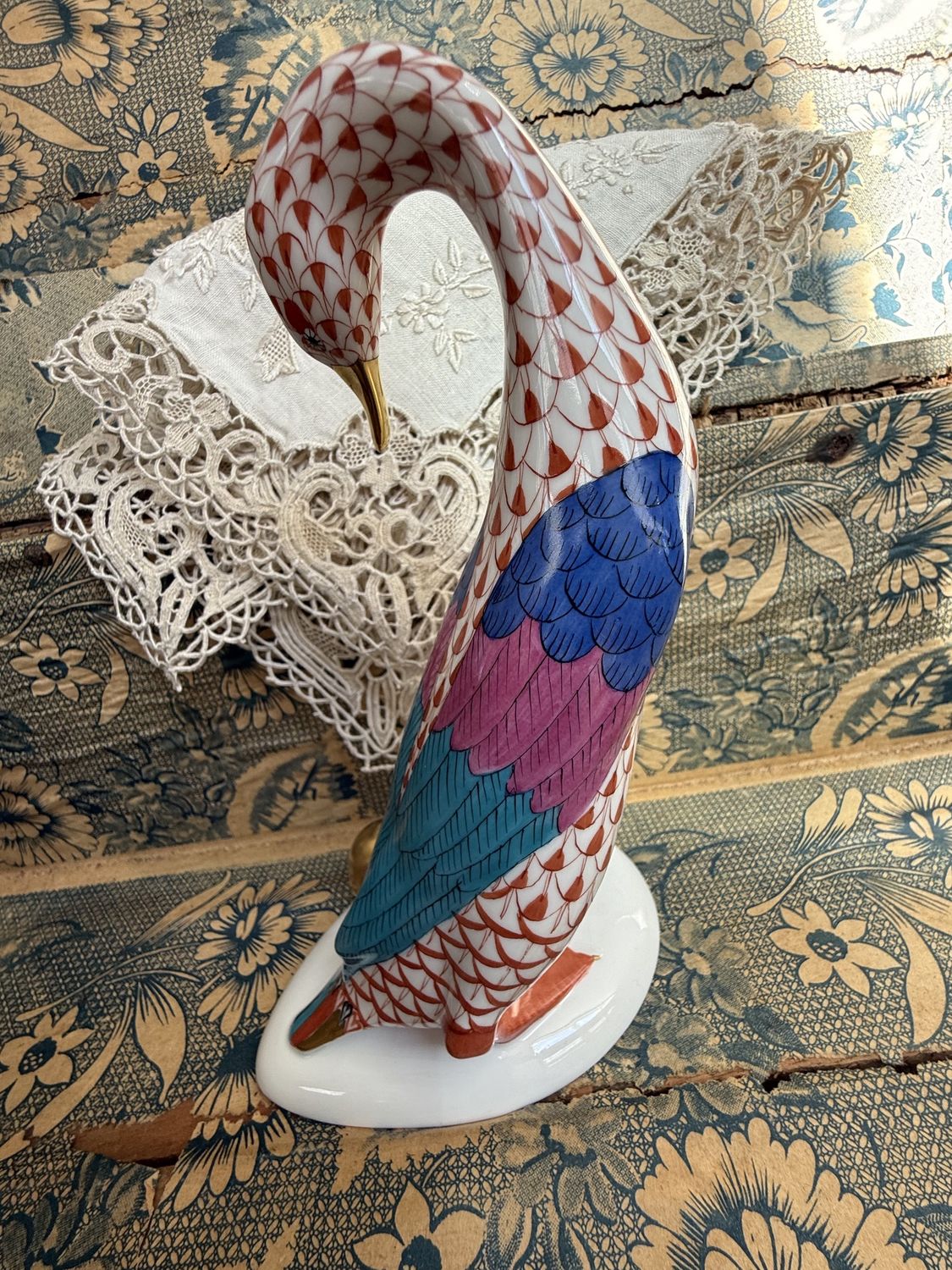 Herend Hungary Porcelain Goose with Golden Egg Fishnet