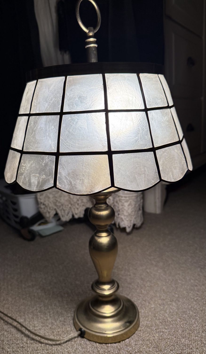 MID CENTURY BRASS LAMP CAPIZ SHELL SHADE