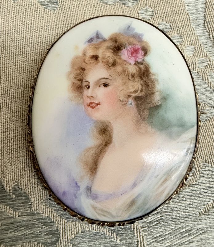 Large Hand Painted Victorian Porcelain Brooch Lady with Rose in her Hair