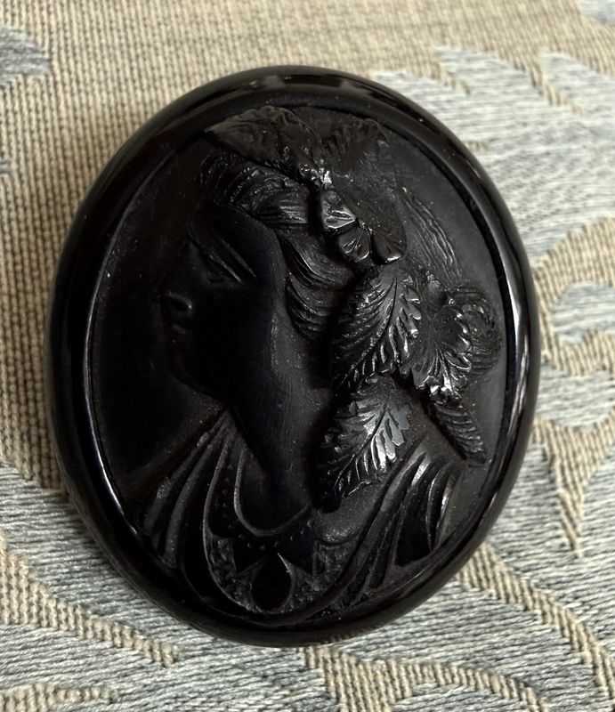 Early Victorian Antique Jet Carved Cameo w/ C Clasp