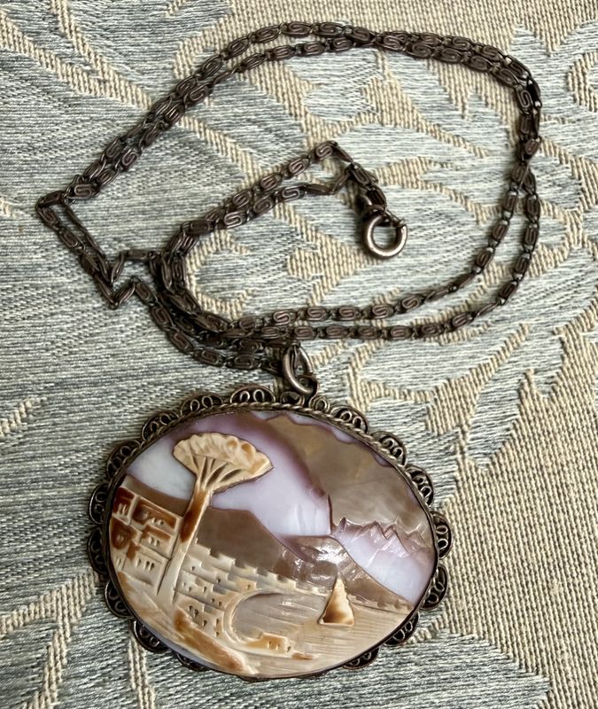 Rare Antique Hawaii Diamond Head Carved Shell Scene in Sterling on Sterling Chain