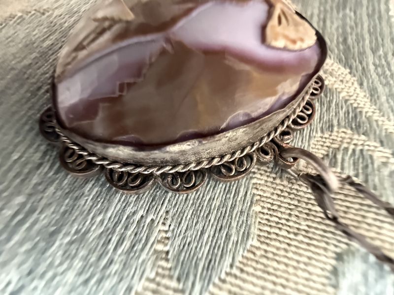 Rare Antique Hawaii Diamond Head Carved Shell Scene in Sterling on Sterling Chain