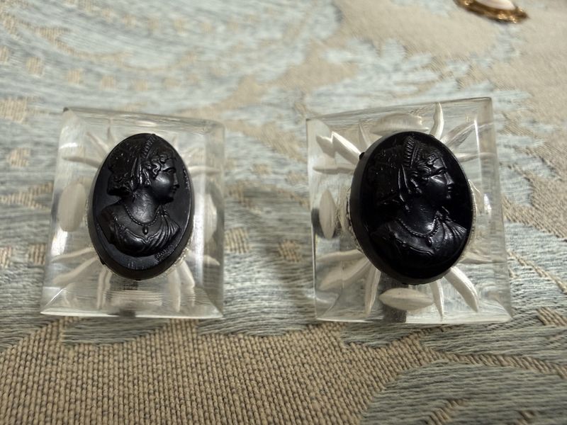 Deco Period Carved Lucite Cameo Screw Back Earrings