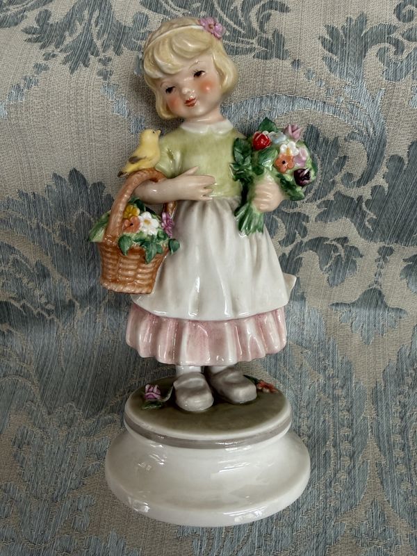 1970 West Germany Lore Porcelain Figure Girl with Bird and Flower Basket Goebel