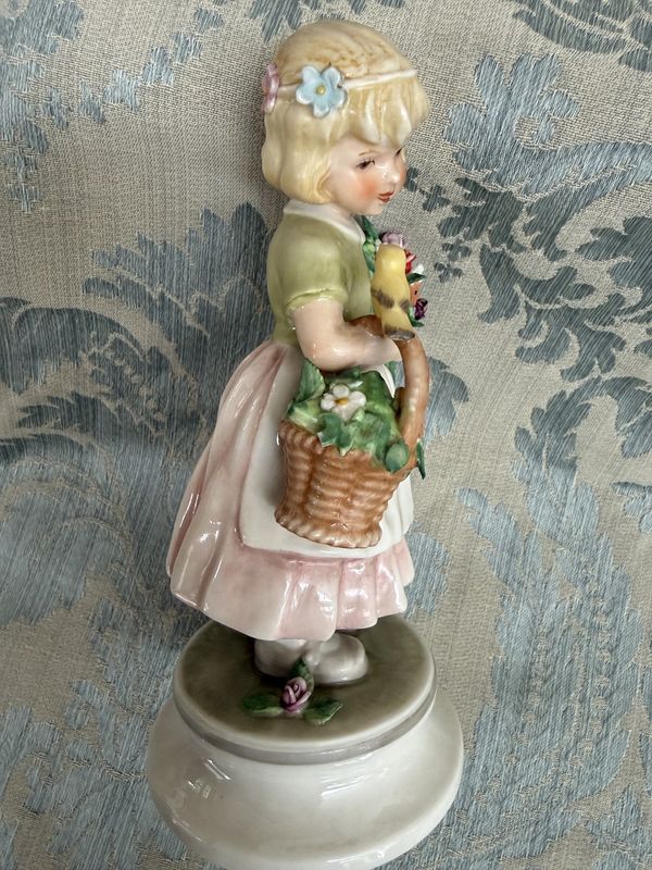 1970 West Germany Lore Porcelain Figure Girl with Bird and Flower Basket Goebel