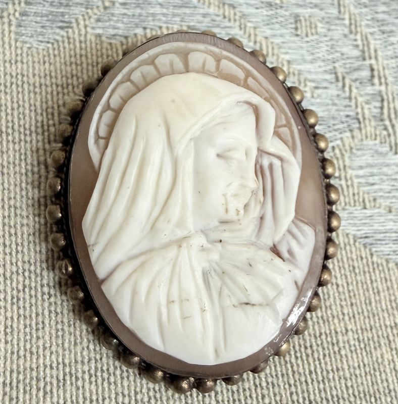 Antique Cameo Brooch Pendant Madonna Mary Carved Shell