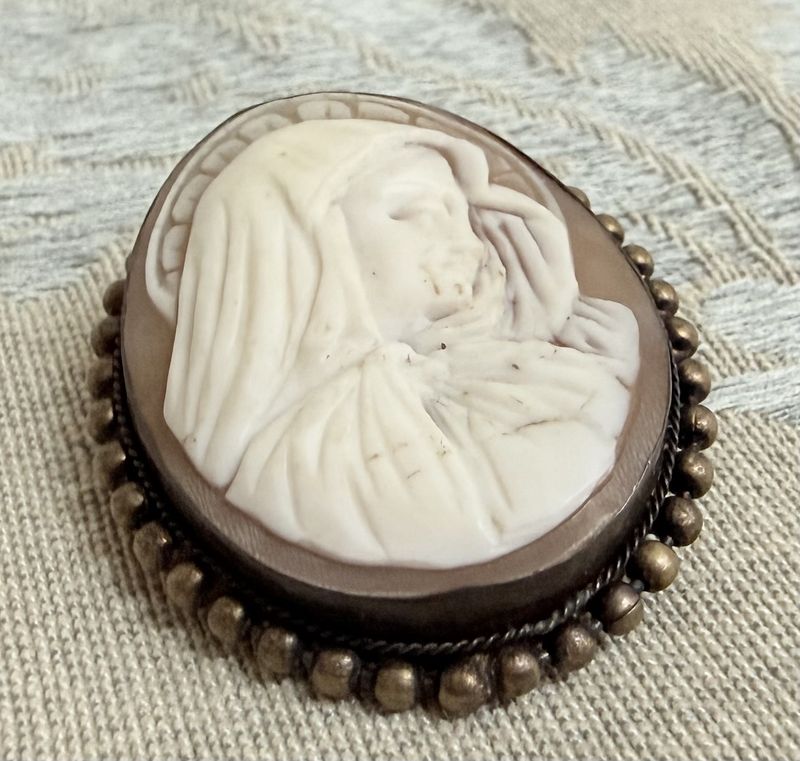 Antique Cameo Brooch Pendant Madonna Mary Carved Shell