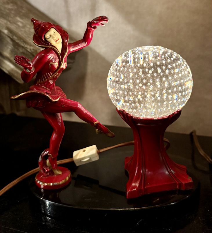 Art Deco Harlequin Metal Lamp on Stone Base with Paperweight 1000 Stars Shade