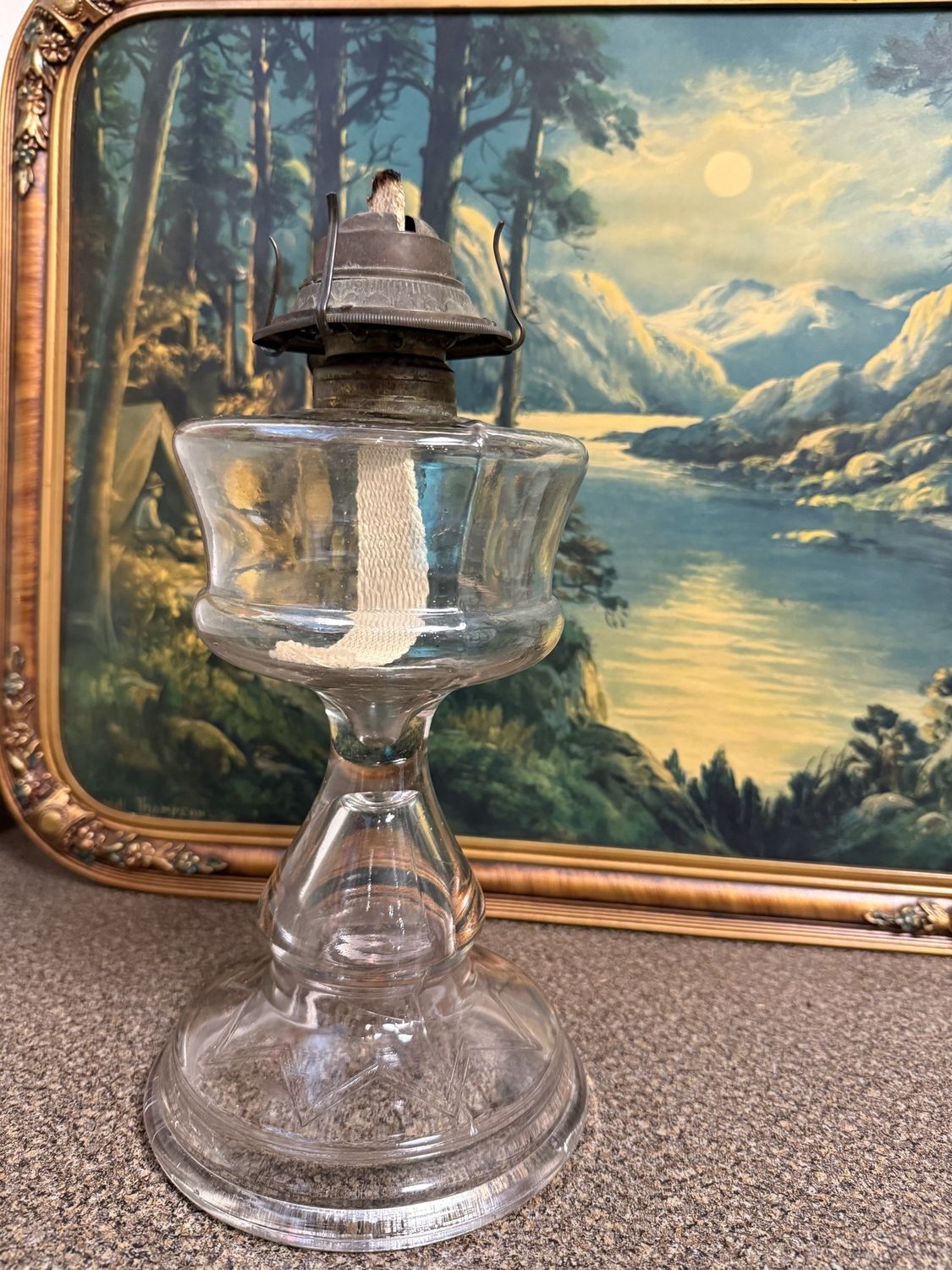 1897 P&amp;A Star Pattern Oil Lamp Uranium Glass